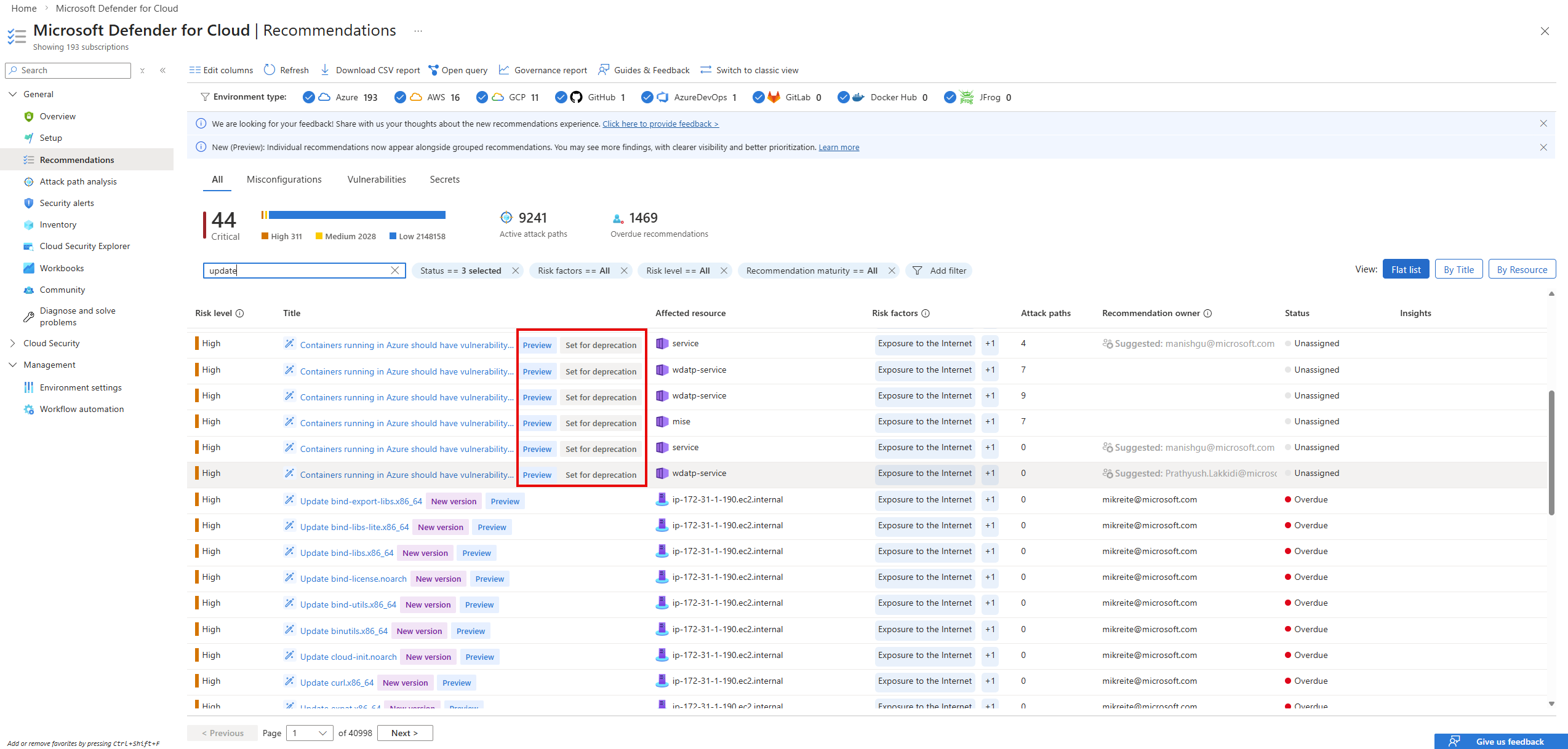 Screenshot of recommendation tags interface showing options for 'New version' and 'Set for deprecation' to filter recommendations.