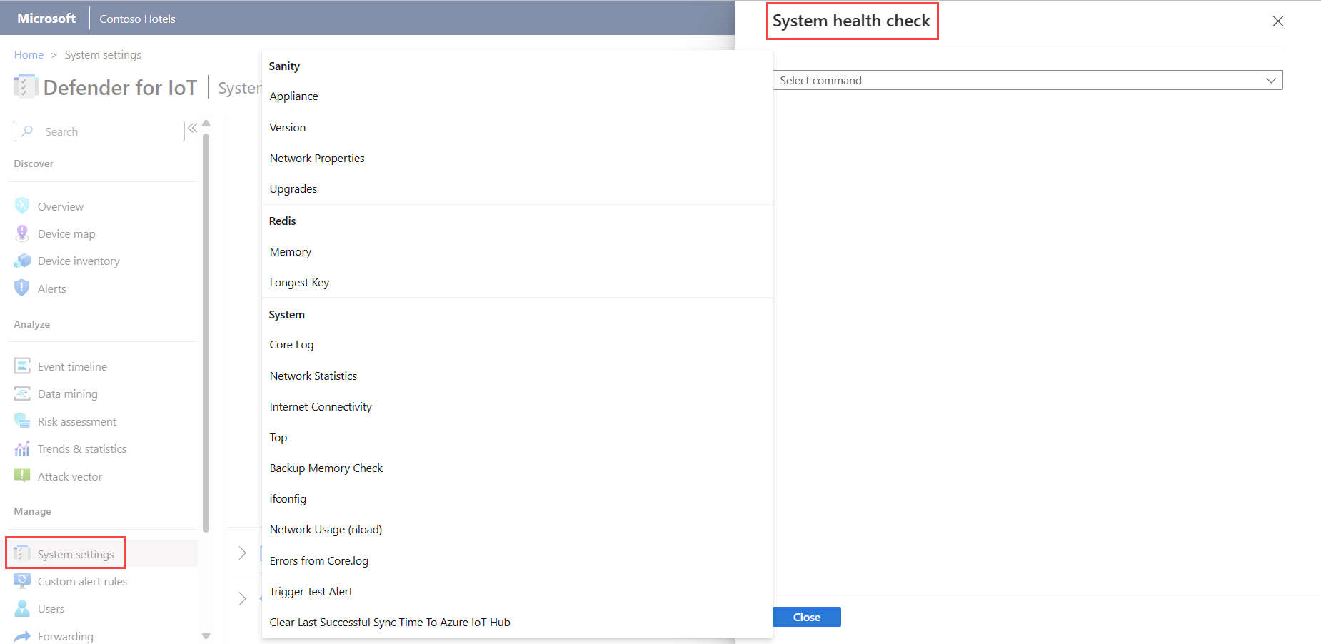 Screenshot that shows the system health check screen on the sensor console.