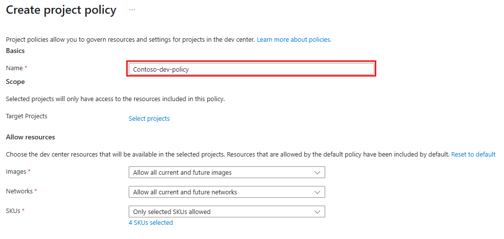 Screenshot showing the name field for a custom project policy in the Azure portal.