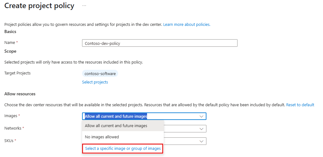 Screenshot showing the Select images option for a custom project policy in the Azure portal.