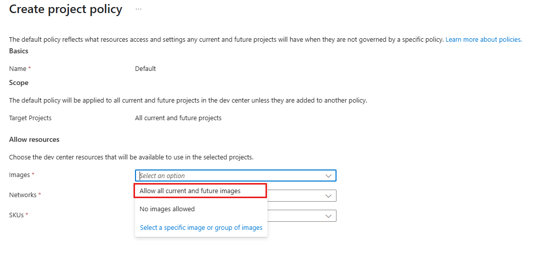 Screenshot showing the Create project policy page, with Select images highlighted.
