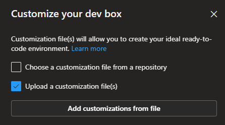 Screenshot of the Upload a customization file section in the developer portal, showing the option to add customizations from a file.