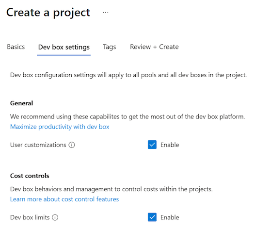 Screenshot of the Create a project pane with the Dev box settings tab open and both Enable options selected.