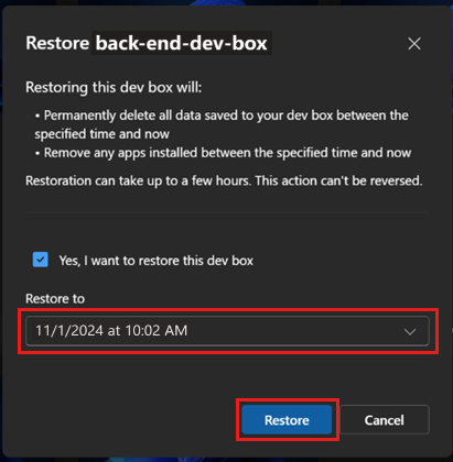 Screenshot of the developer portal, showing the Restore dialog box with Yes, I want to restore this dev box highlighted.