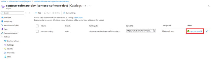 Screenshot of the Catalogs page showing a catalog with a sync successful status.