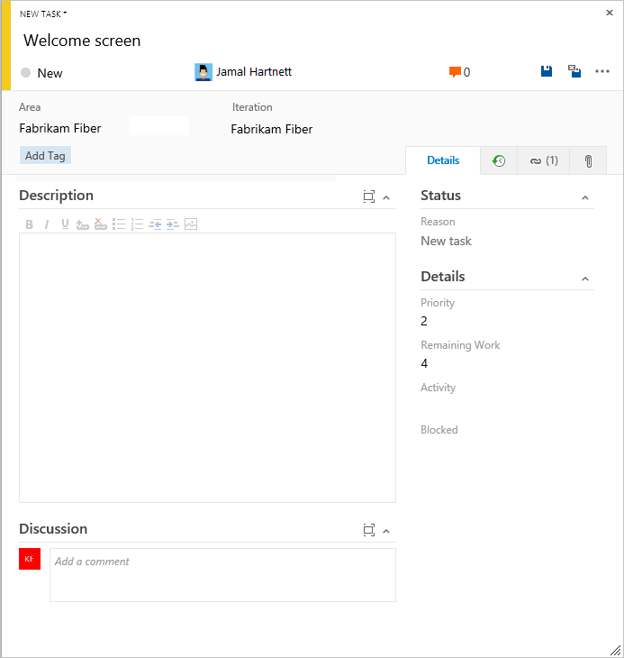 Screenshot of Task work item form, Scrum process.