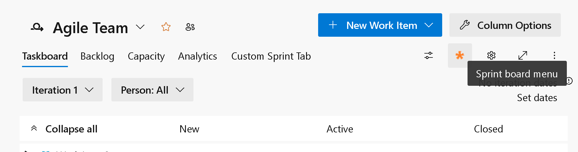 Screenshot of the sprint board pivot filter menu.