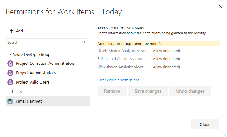 Screenshot of Manage Shared Analytics view security dialog, change permissions for a user, Azure DevOps Server.
