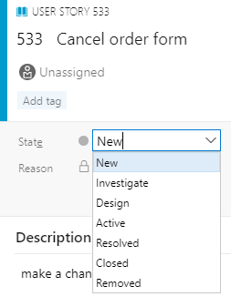 User story State drop-down menu