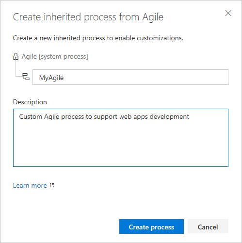 Screenshot showing the Create inherited process dialog.