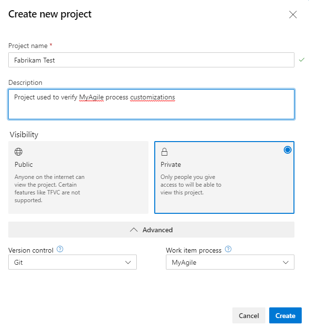 Create new project dialog.