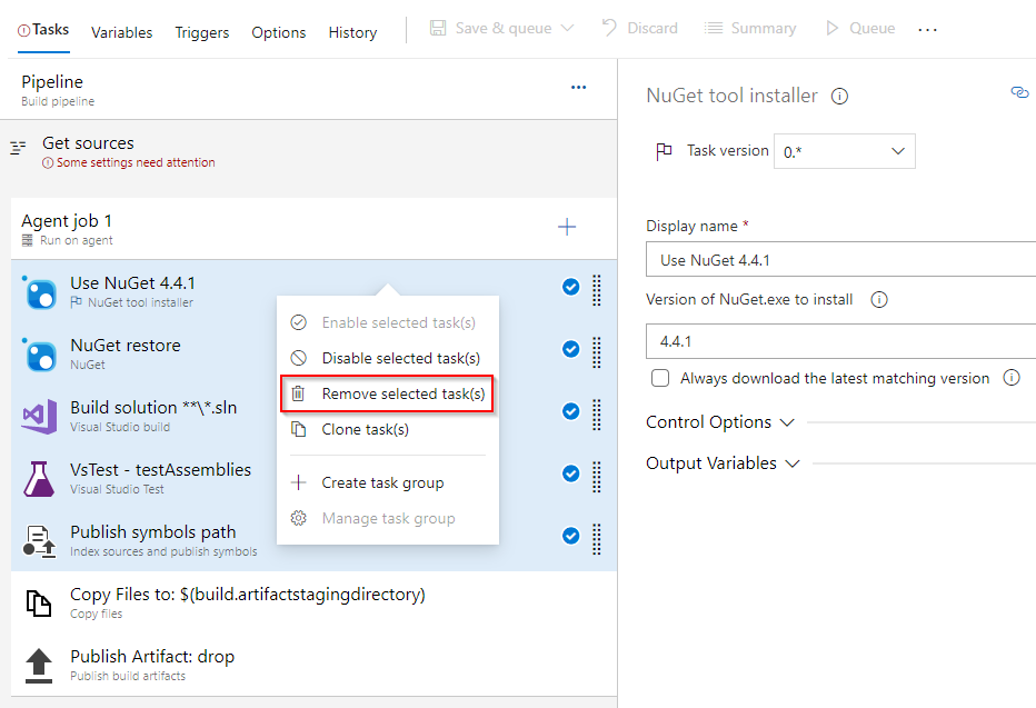 A screenshot showing how to delete multiple pipeline tasks.