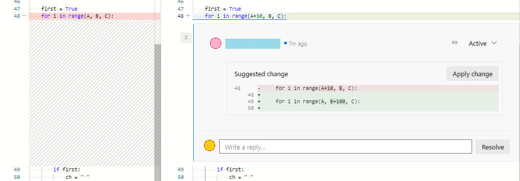 Screenshot of a suggested change for code in a pull request comment.