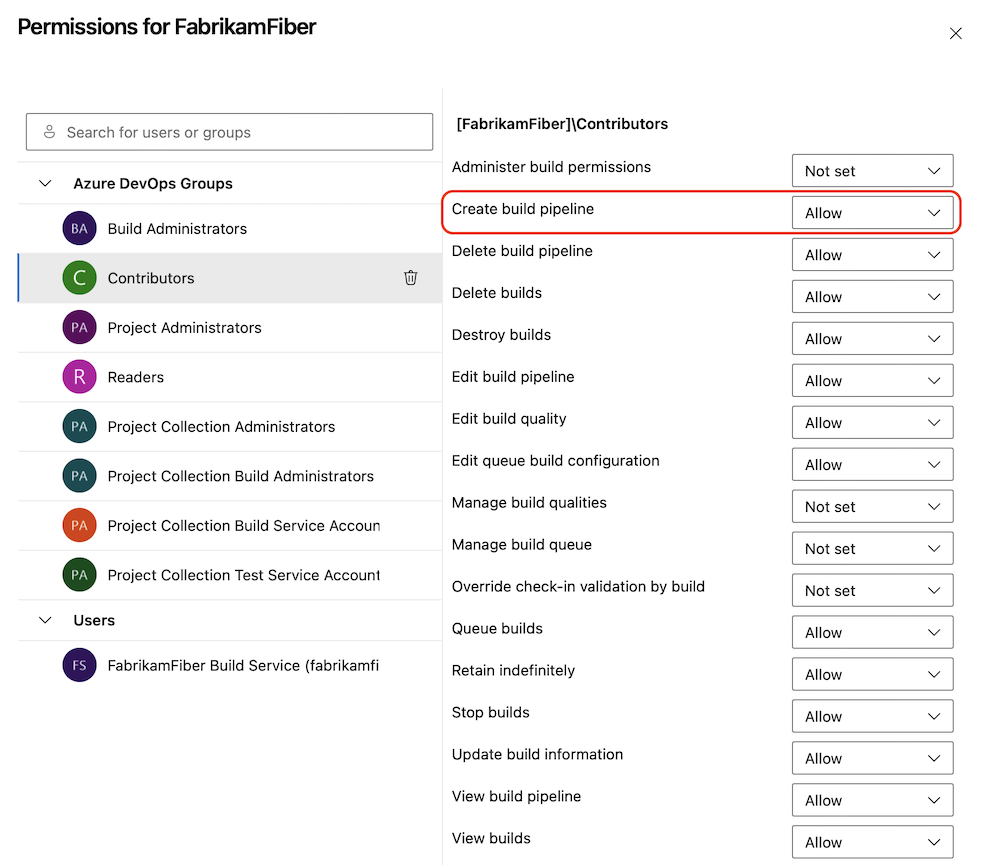 Screenshot of create build pipeline permission Screenshot of create build pipeline permission.