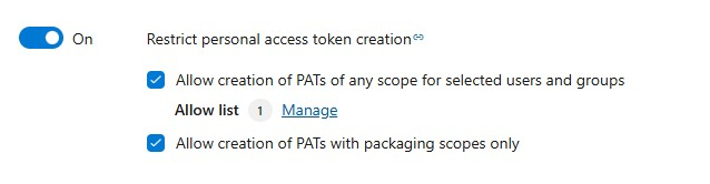 Screenshot of Restrict personal access token creation. Screenshot of Restrict personal access token creation.