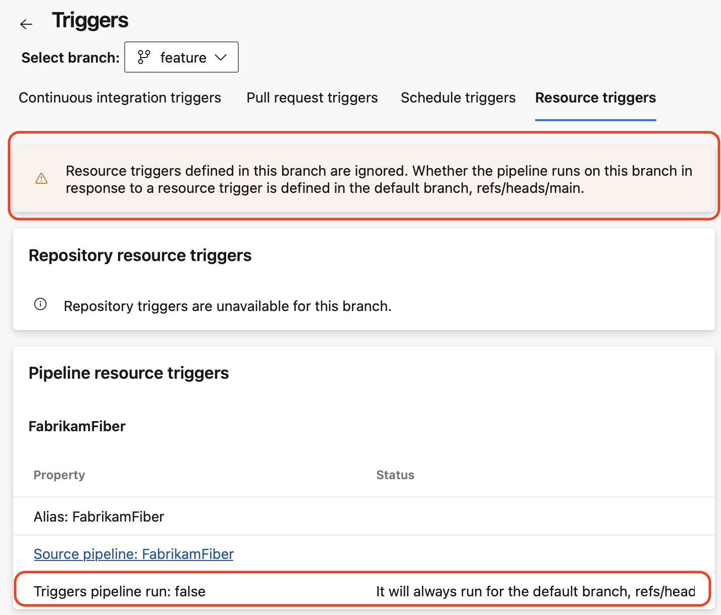 Screenshot of Pipelines continuous resource triggers. Screenshot of Pipelines continuous resource triggers.