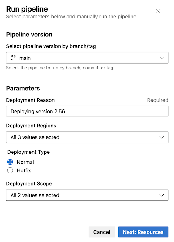 Screenshot to show selecting parameters in Run pipelines panel Screenshot to show selecting parameters in Run pipelines panel.