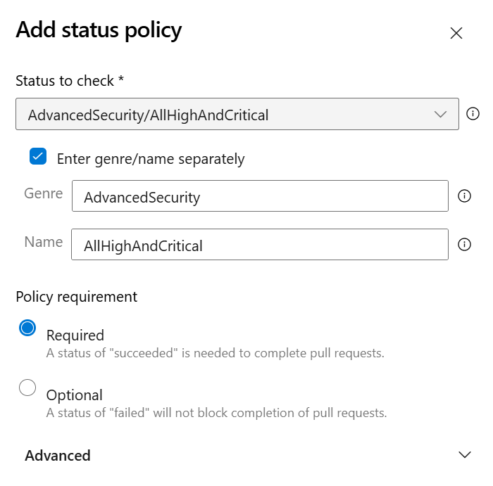 Screenshot of the Add status policy dialog showing AdvancedSecurity status checks. Screenshot of the Add status policy dialog showing AdvancedSecurity status checks.