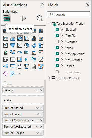 Screenshot of visualization fields selections for test plan execution trend run report. 