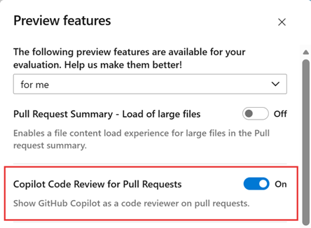 Preview features panel with Copilot Code Review for Pull Requests set to On.