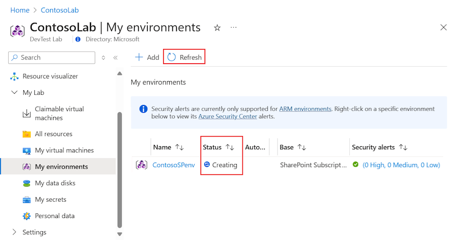 Screenshot that shows how to see the provisioning status for the lab environment.