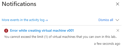 Screenshot showing the error that the user can't exceed their VM limit.