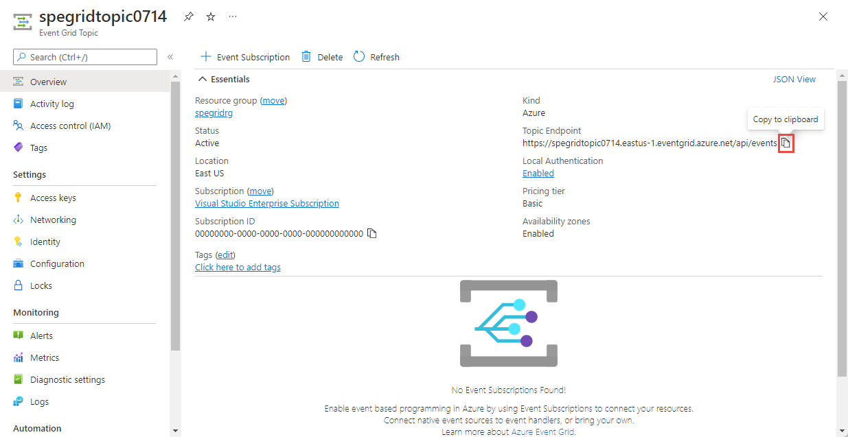 Screenshot that shows the Event Grid topic page.