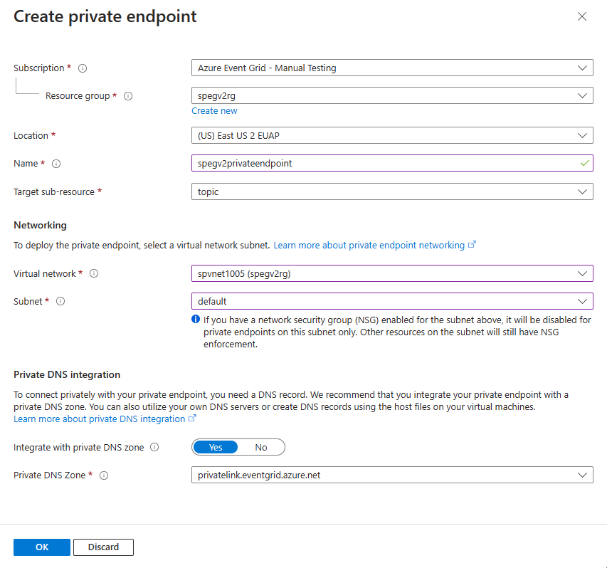 Screenshot that shows the Create private endpoint page when creating an Event Grid namespace.