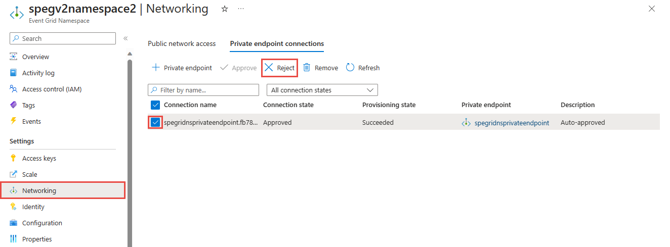Screenshot showing the Private endpoint connection tab with Reject button selected.