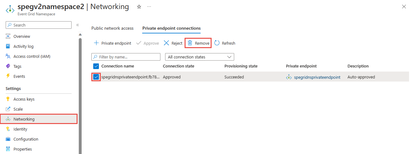 Screenshot showing the Private endpoint connection tab with Remove button selected.