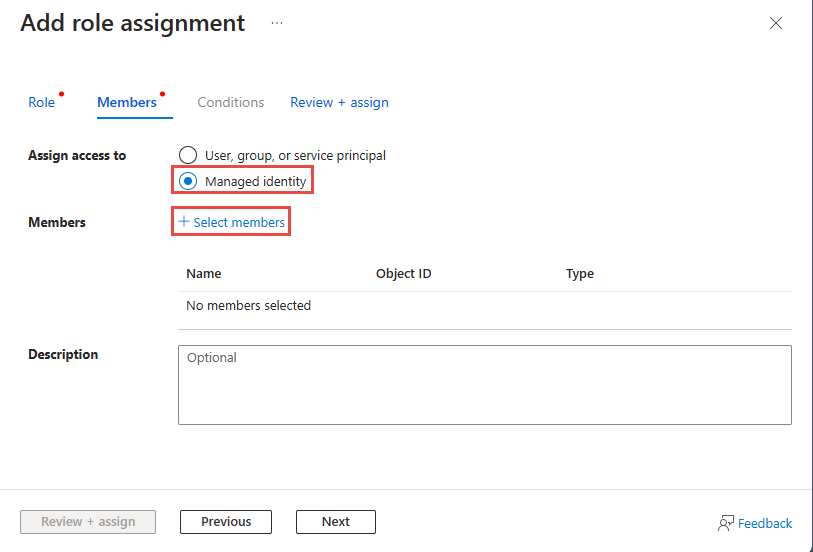 Screenshot that shows the Members page of the Add role assignment wizard.