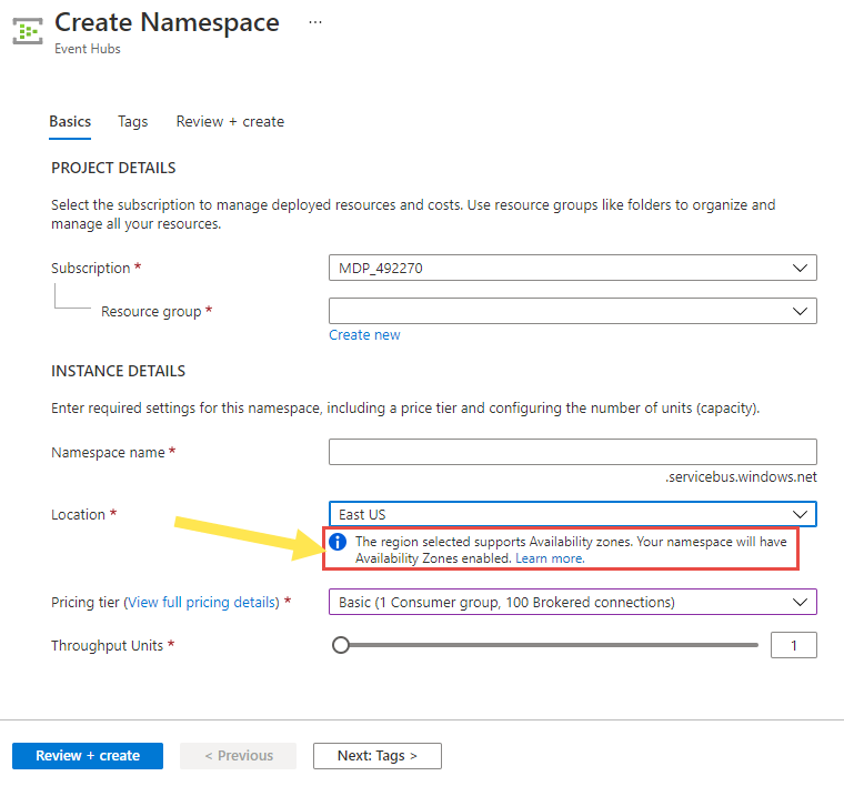 Image showing the Create Namespace page with region that has availability zones