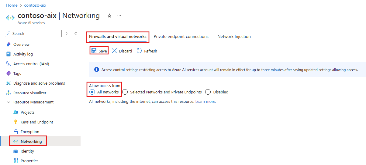 Screenshot of the firewalls and virtual networks tab with the all networks option selected.