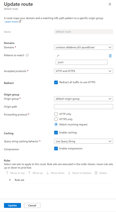 Screenshot of Azure Front Door Manager showing the 'Enable compression' radio button.