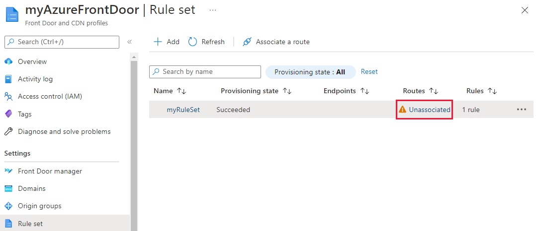 Screenshot of unassociated rule set on Rule set page.