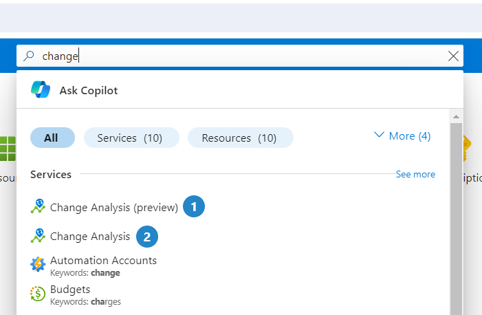 Screenshot of the search results for Change Analysis in the Azure portal.