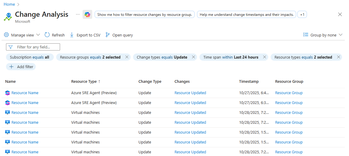 Screenshot of the Change Analysis page.