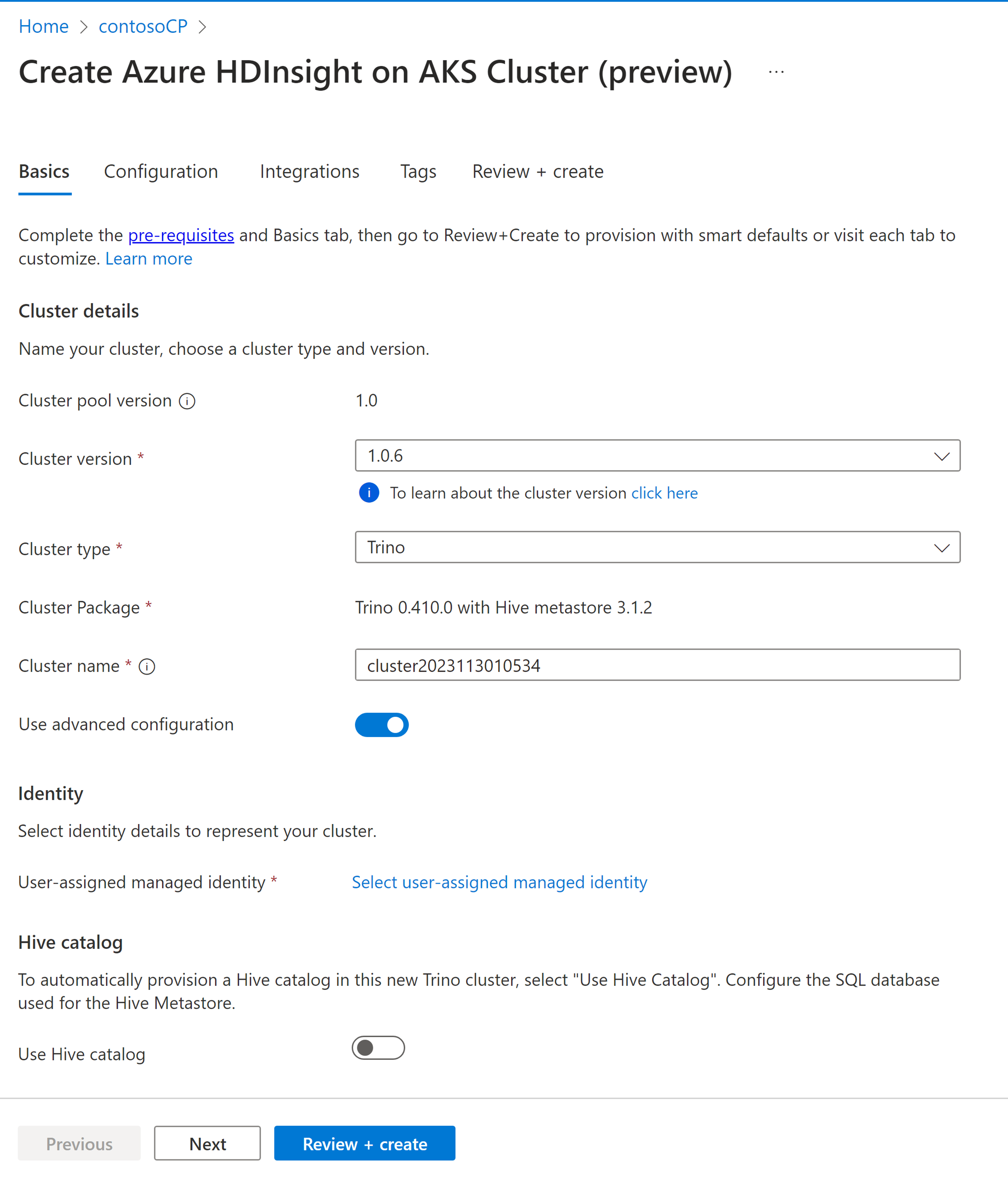 Screenshot showing more details of basic tab of create Trino cluster.