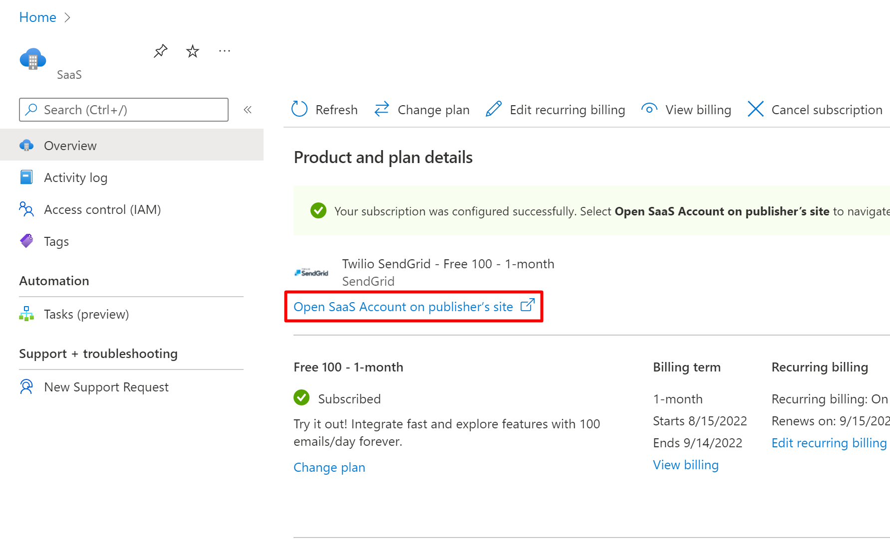 SendGrid overview in azure portal.