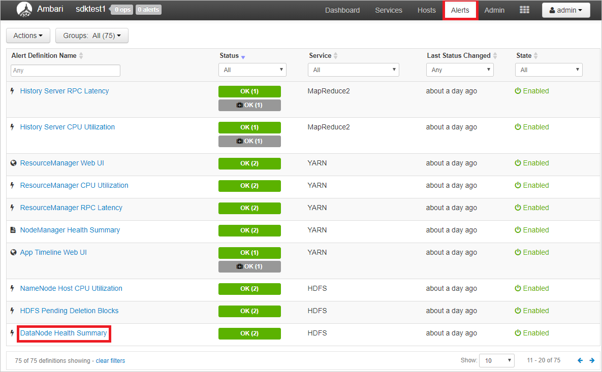 Ambari alerts definitions view.