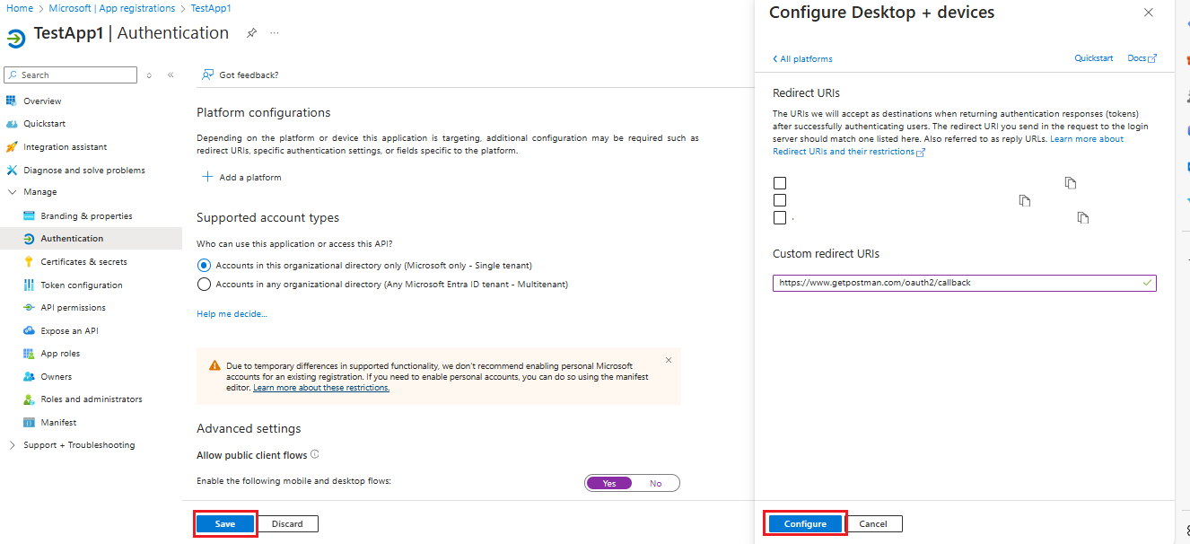 Screenshot that shows the "Add a platform" section with "Mobile and desktop applications" selected and a custom redirect URI added.