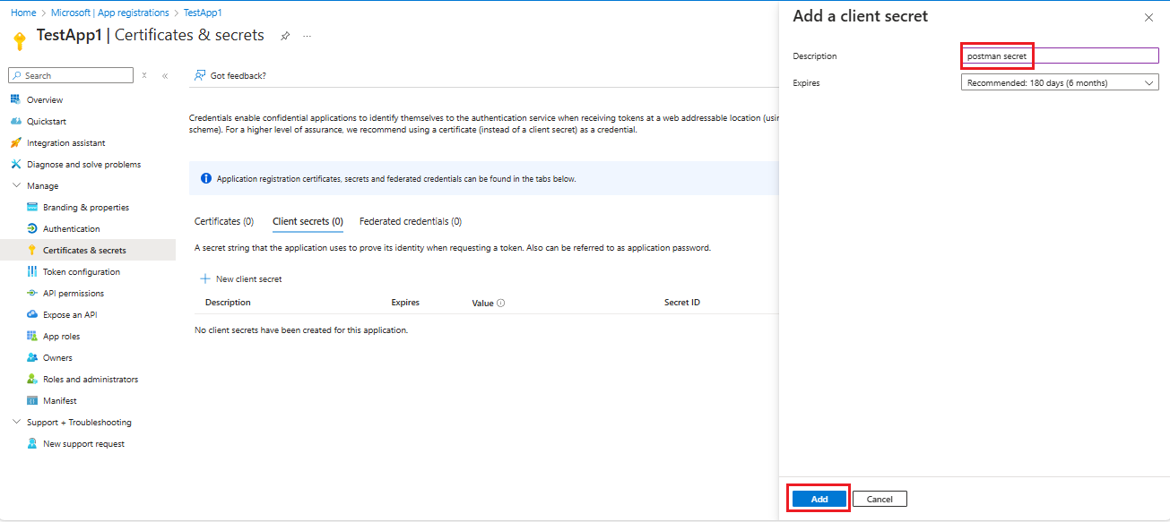 Screenshot that shows the "Add a client secret" form,to enter a name for the secret in the Description field.