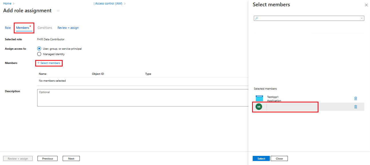 Screenshot that shows the "Members" tab in the role assignment process, with the option to select user.