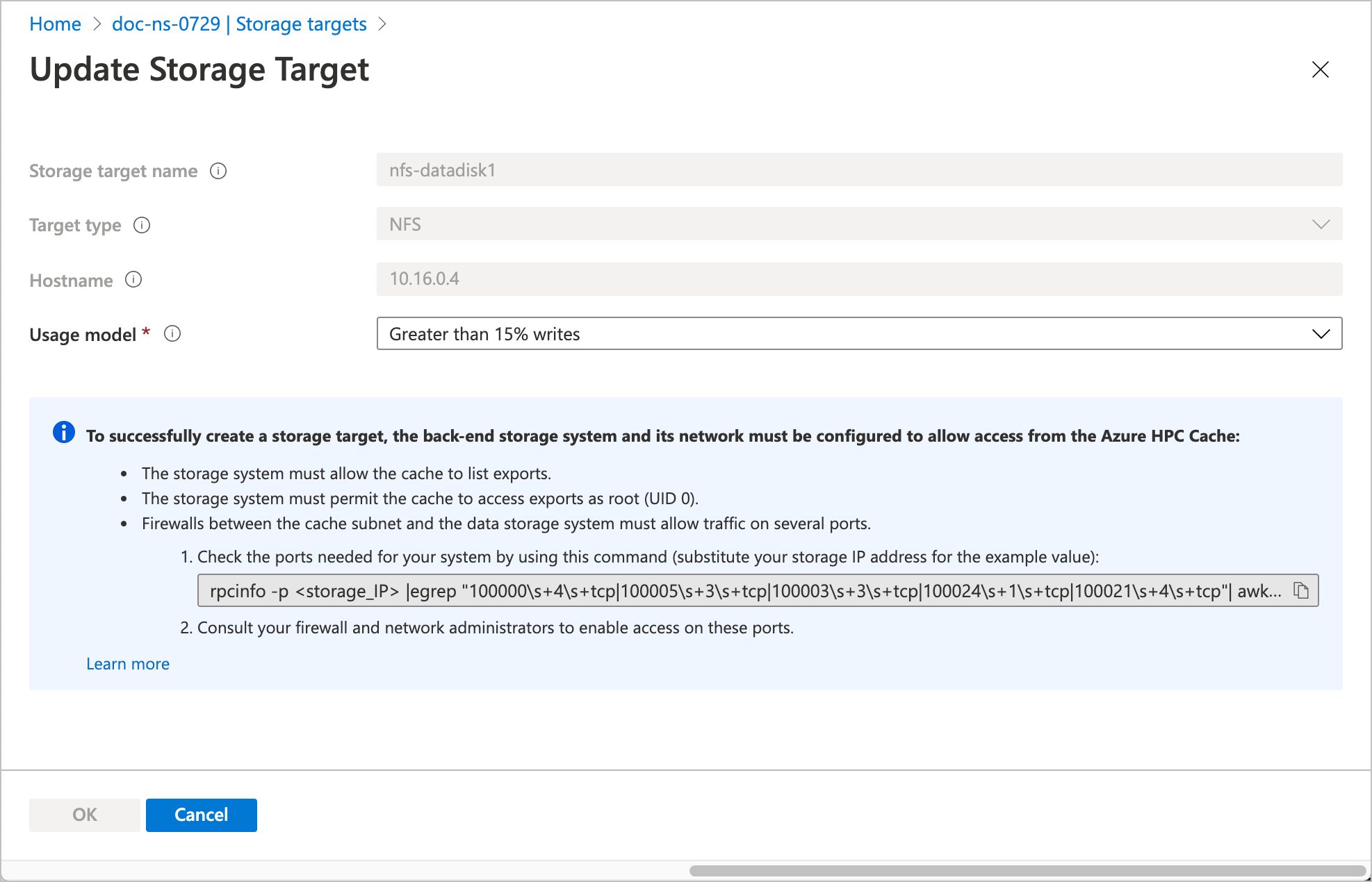 screenshot of the edit page for an NFS storage target