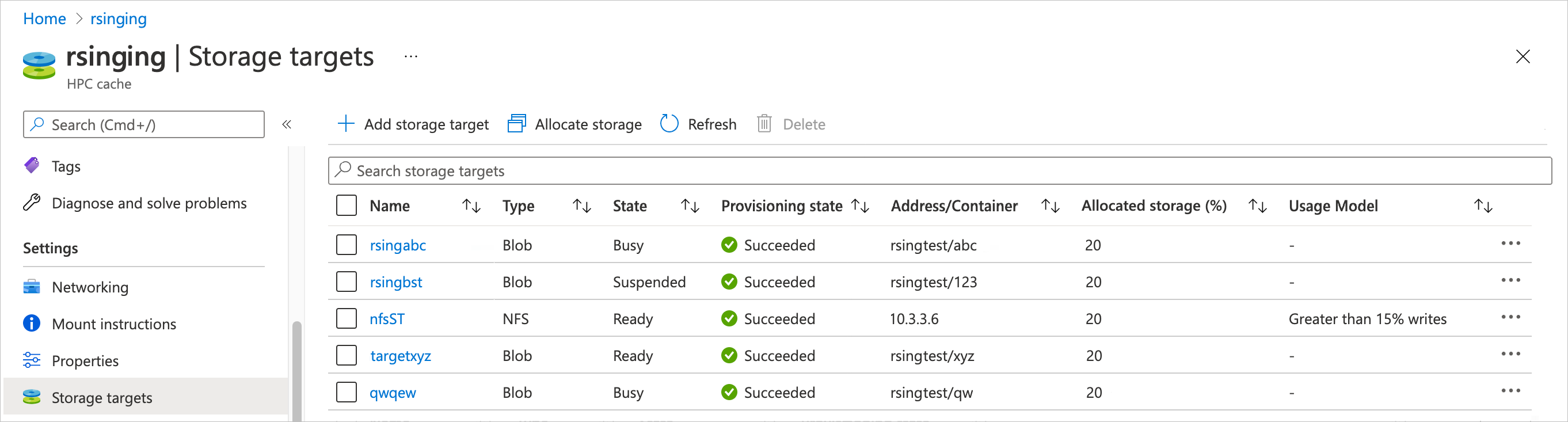 Screenshot of the Settings > Storage targets page in the Azure portal. There are multiple storage targets in the list, and column headings show Name, Type, State, Provisioning state, Address/Container, and Usage model for each one.