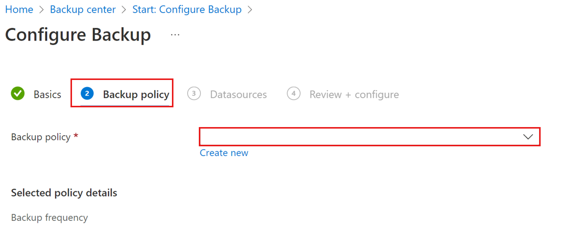 Screenshot shows how to select policy for vaulted blob backup.