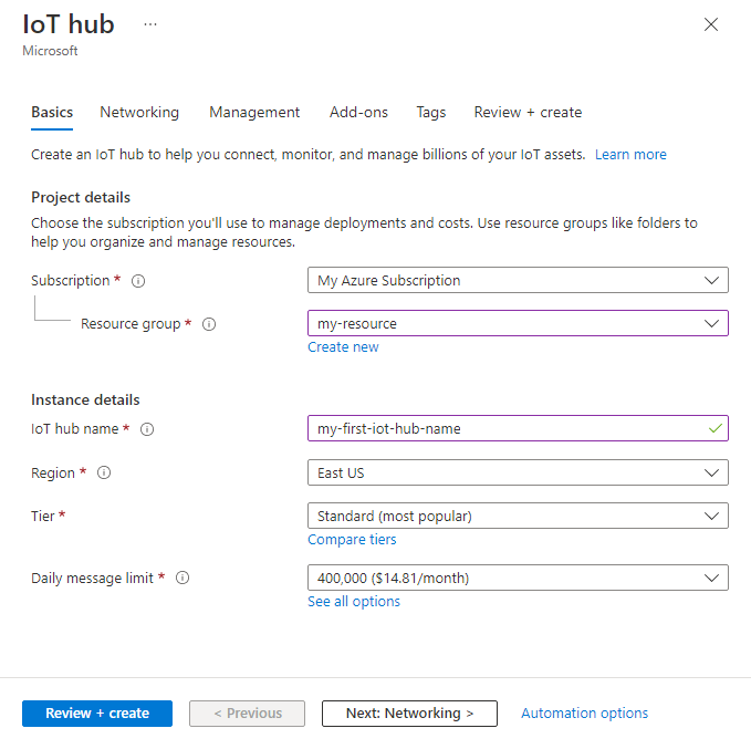 Screen capture that shows how to create an IoT hub in the Azure portal.
