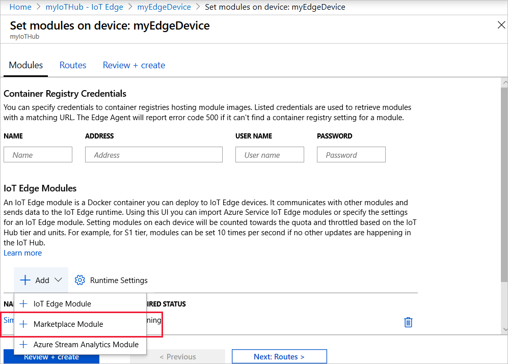 Screenshot showing how to add a module in I o T Hub.