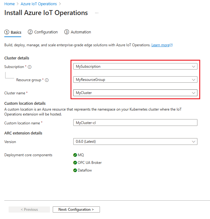 A screenshot that shows the first tab for deploying Azure IoT Operations from the portal.