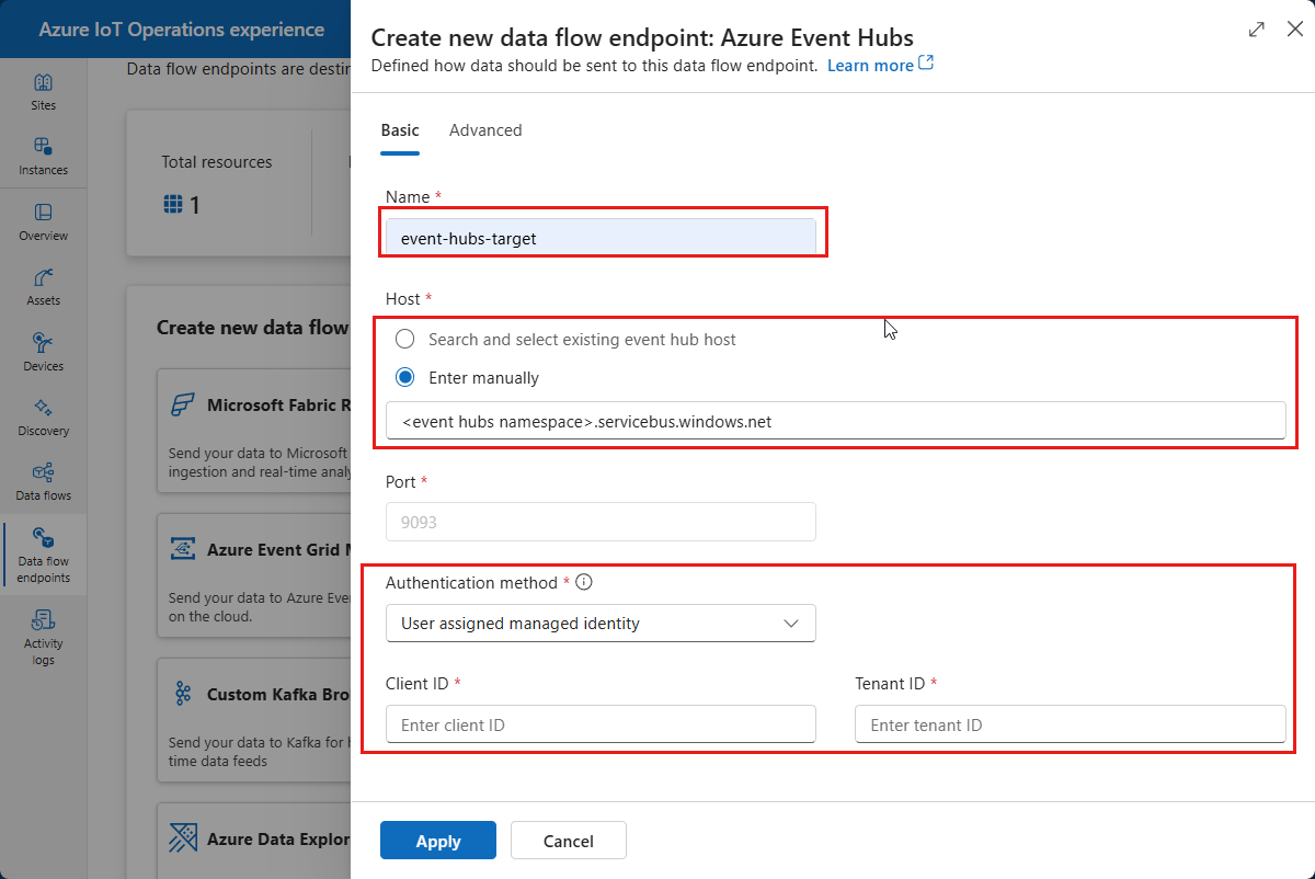 Screenshot of the Create new data flow endpoint: Azure Event Hubs page.